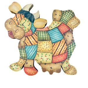 Vintage Wooden Patchwork Cow Wall Plaque Farmhouse Home Nursery Decor Colorful